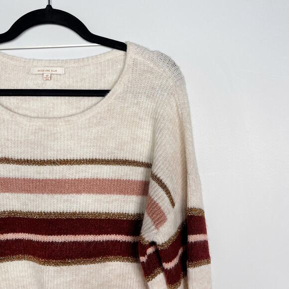 New Skies Are Blue Large L Cream Red Pink Cozy Striped Sweater Round Neck - Picture 3 of 11
